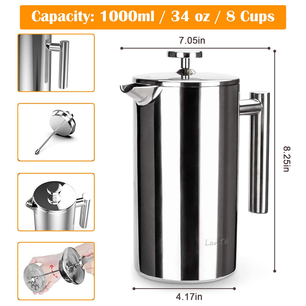 Double Insulated 304 Stainless Steel French Press Coffee Maker 1000ml Q6783
