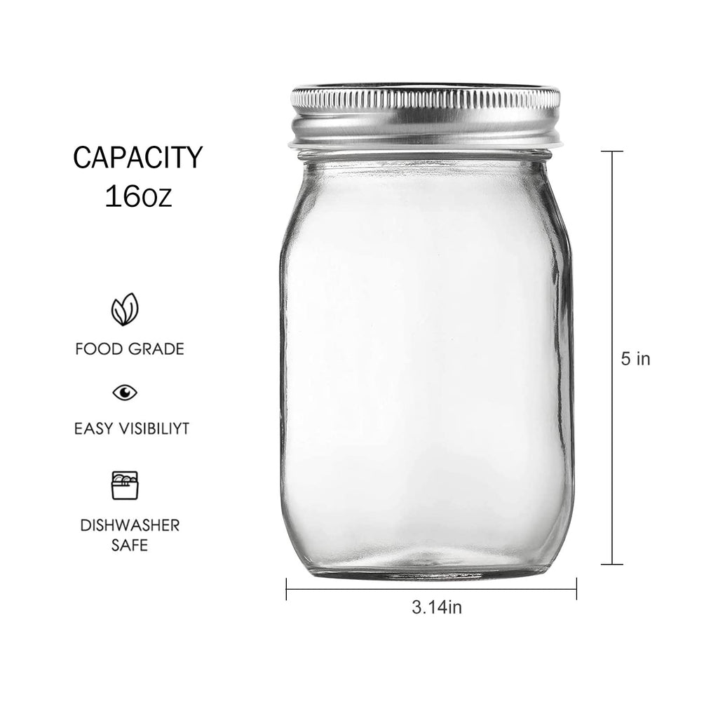 16oz Regular Mouth Glass Mason Jars with Airtight Lids, 4 Pack J784395