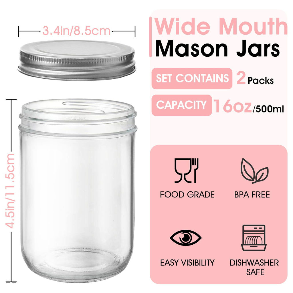 2 Pack 16oz Wide Mouth Airtight Glass Mason Jars R67532