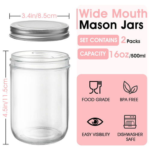 2 Pack 16oz Wide Mouth Airtight Glass Mason Jars R67532