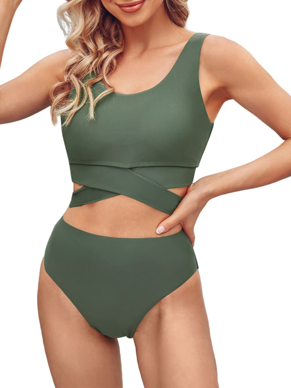 Scoop Neck High Waisted Two Piece Bikini Set R3839