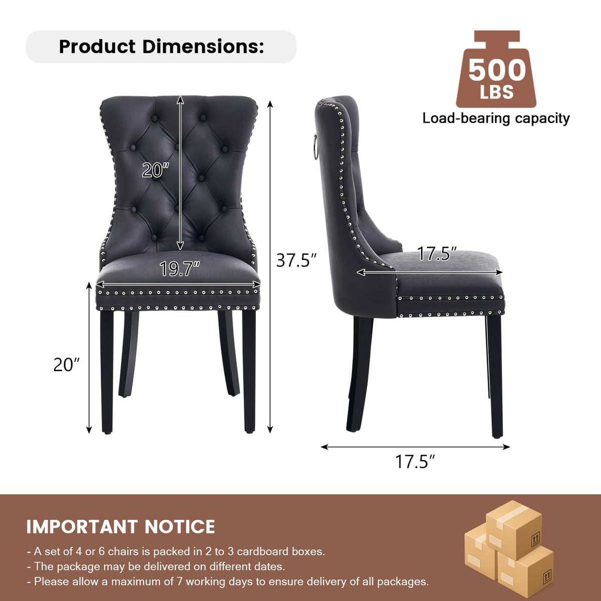 Black PU Leather Dining Chairs Set of 6 with Nailhead Trim and Solid Wood Legs K2256