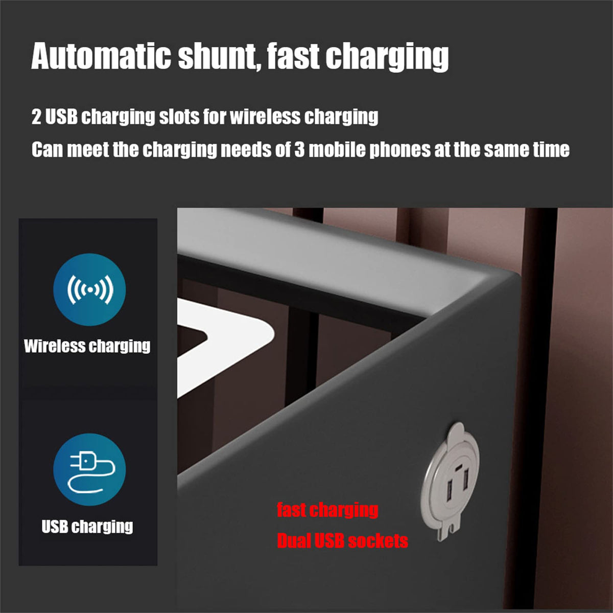 LED Nightstand with Fingerprint Lock, Wireless Charging Station, 2 Speakers, 3 Color LED Light, 2 USB X8716