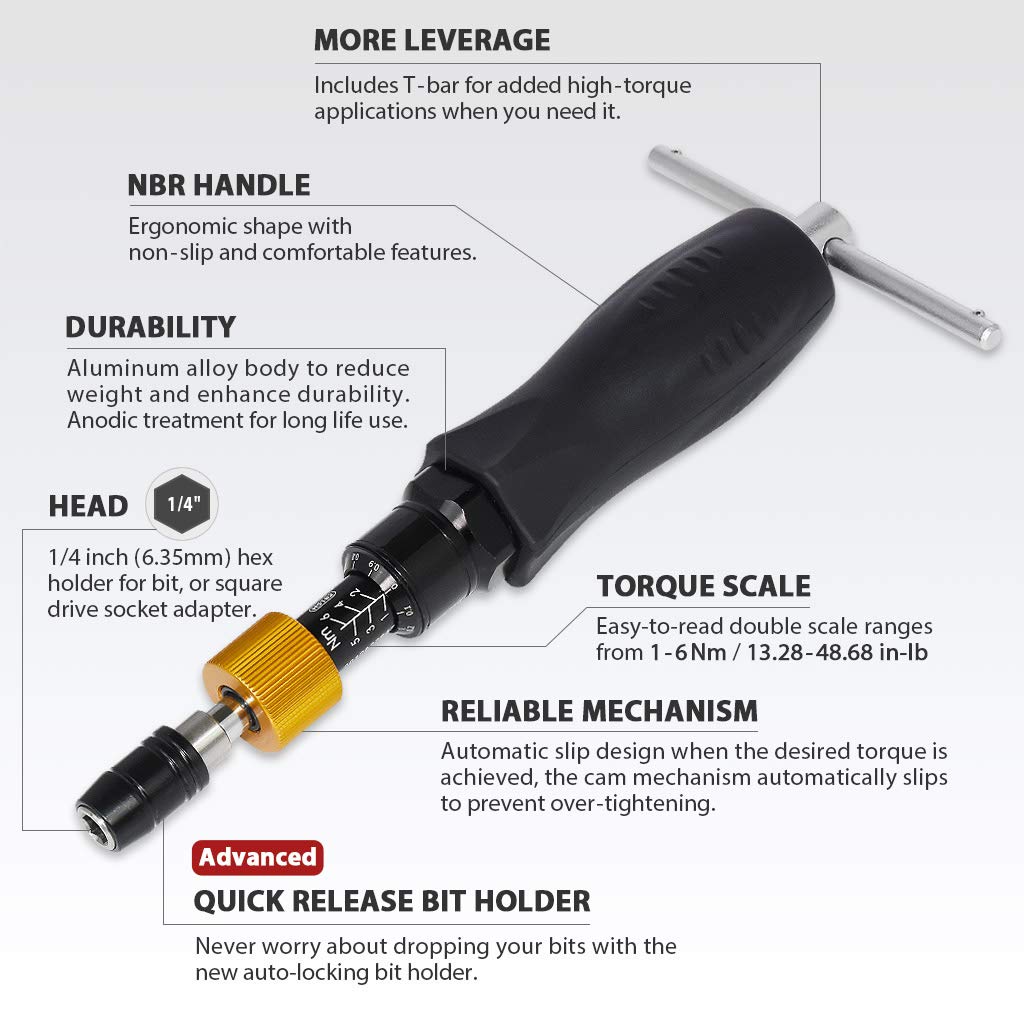 Precision Certified Torque Screwdriver 1-6 Nm with 1/4 Inch Hex Bit Holder I378
