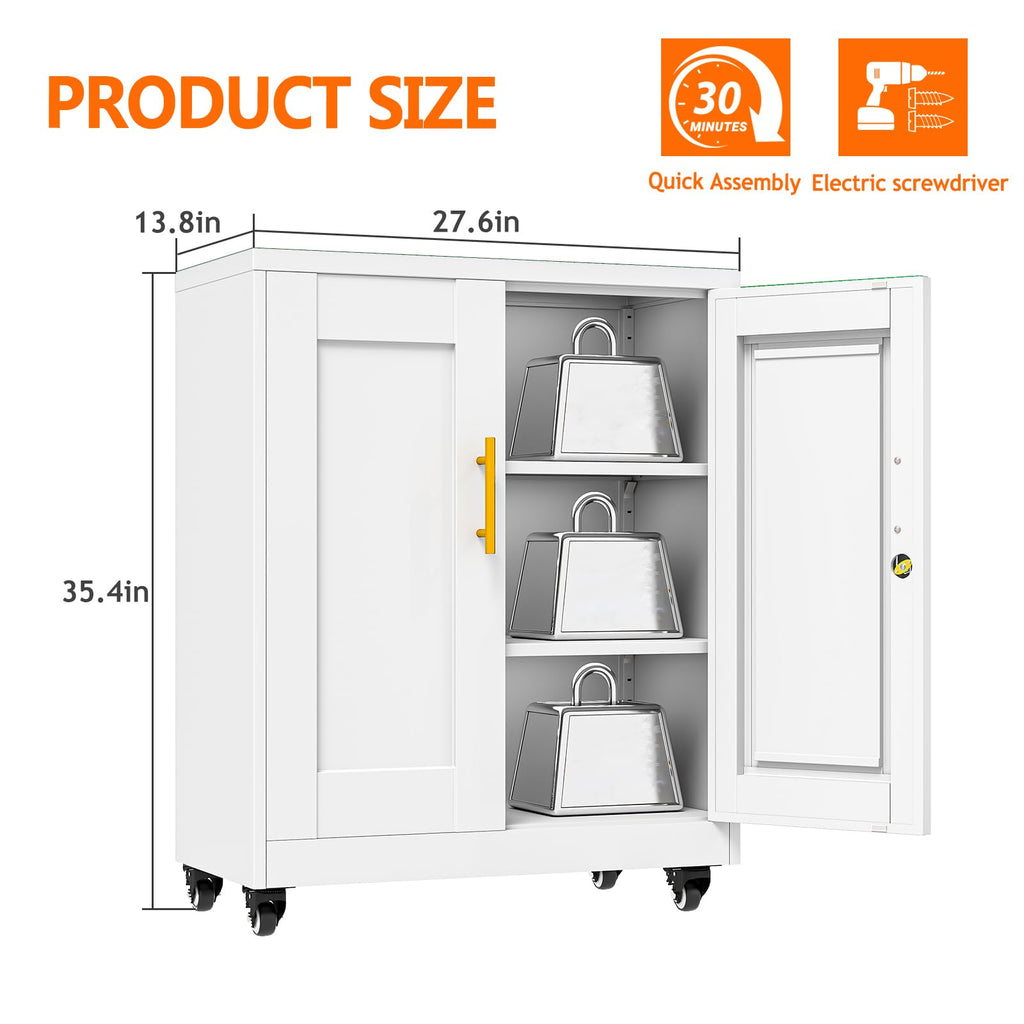White Metal Storage Cabinet with Wheels H6684