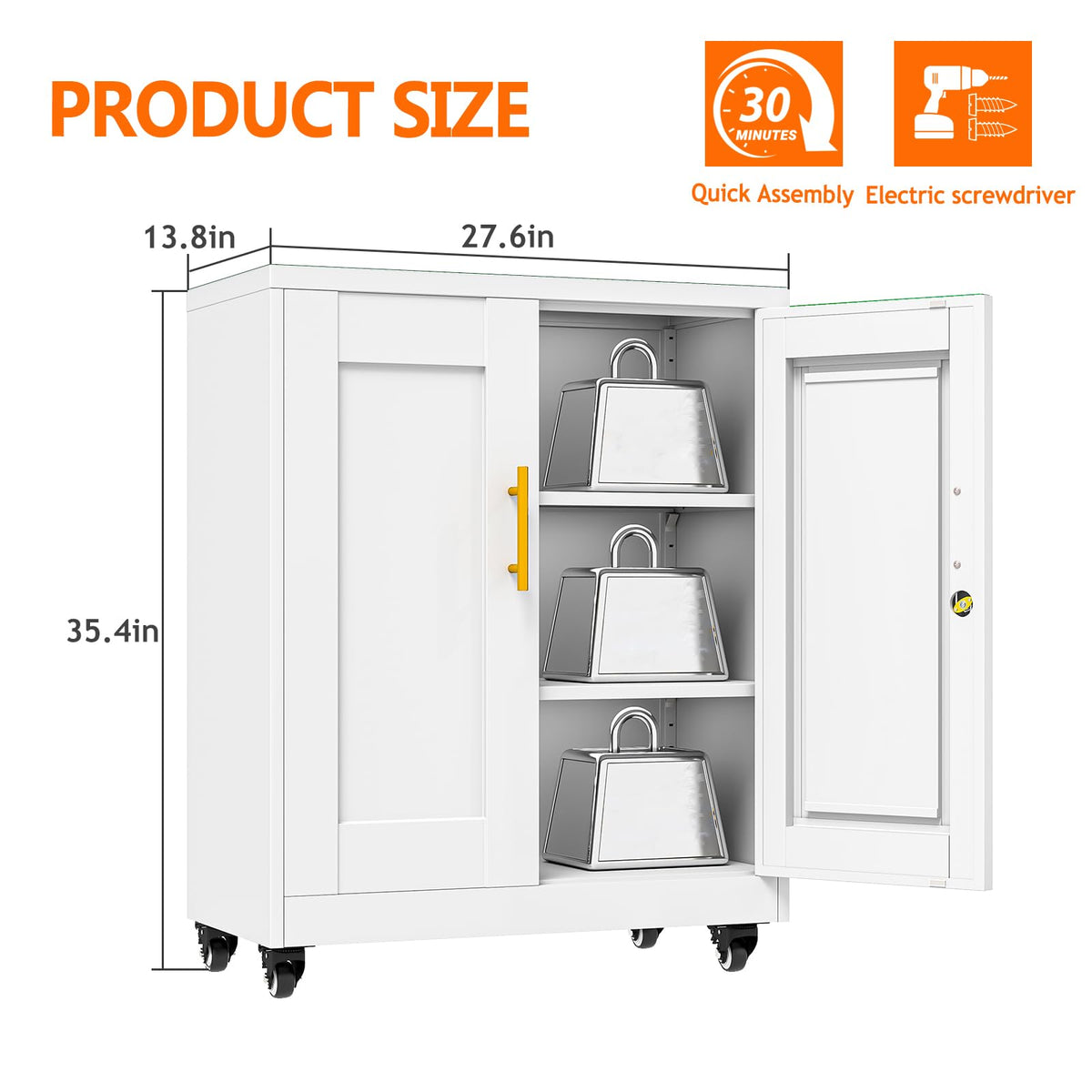 White Metal Storage Cabinet with Wheels H6684