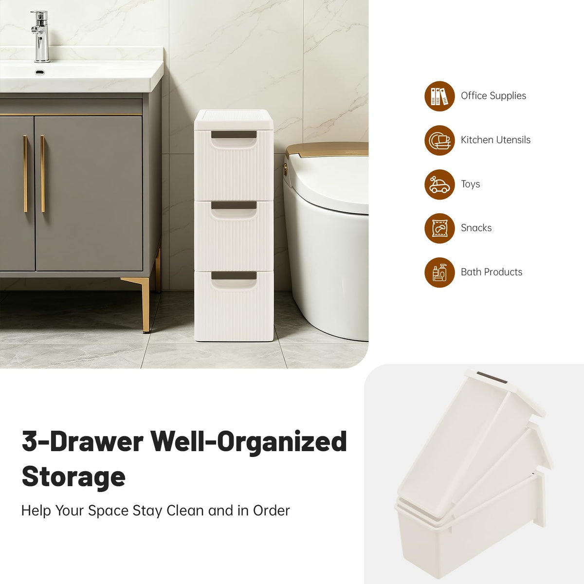 3 Drawers Narrow Plastic Storage Cabinet on Wheels Y20806