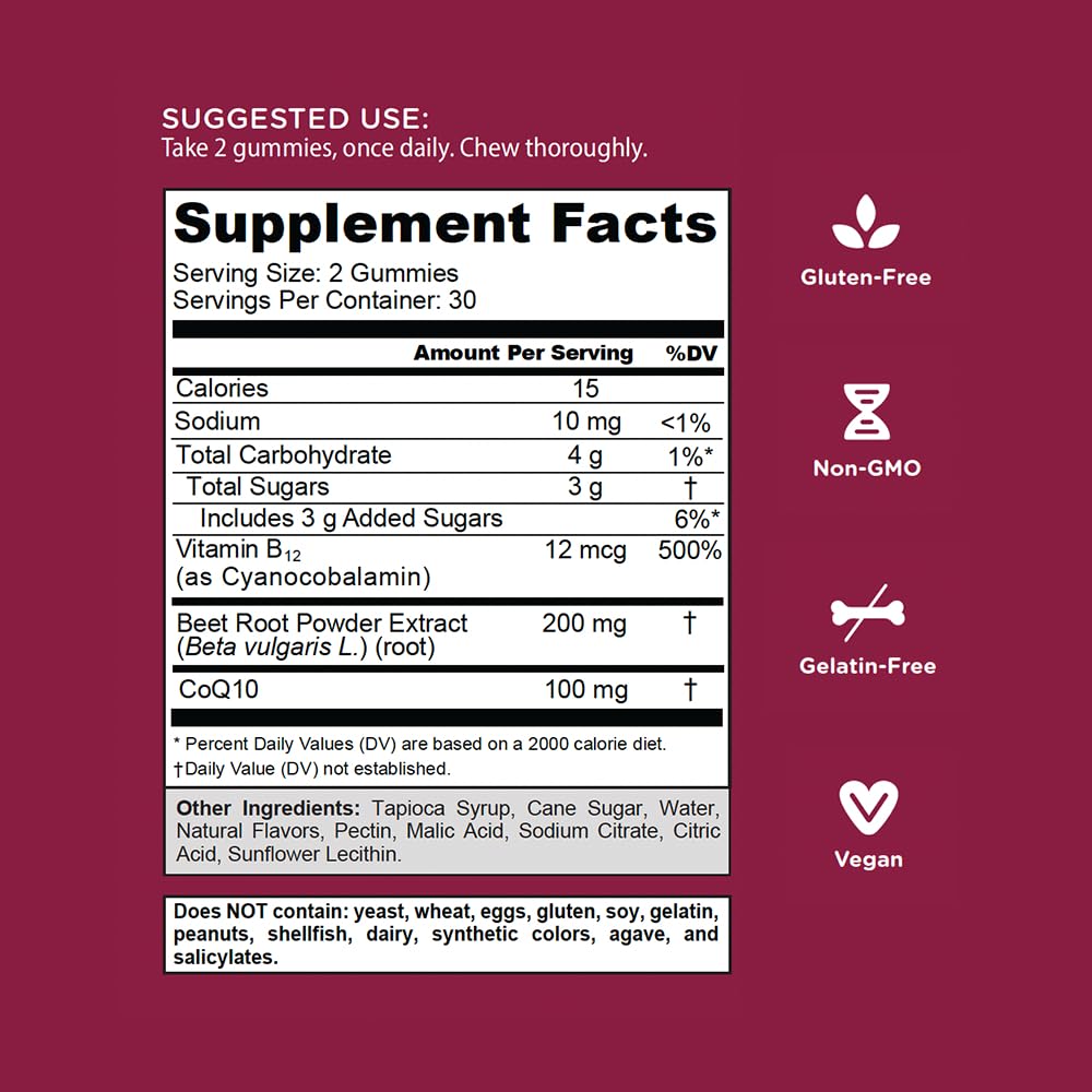 Beets Cardio Gummy 60 Count CoQ10 Beet Root Extract Vegan Gluten-Free R6185