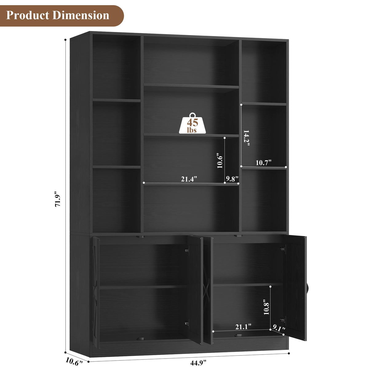 72" Tall Black Bookshelf with Storage S83161