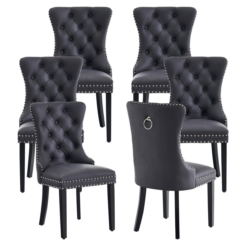 Black PU Leather Dining Chairs Set of 6 with Nailhead Trim and Solid Wood Legs K2256
