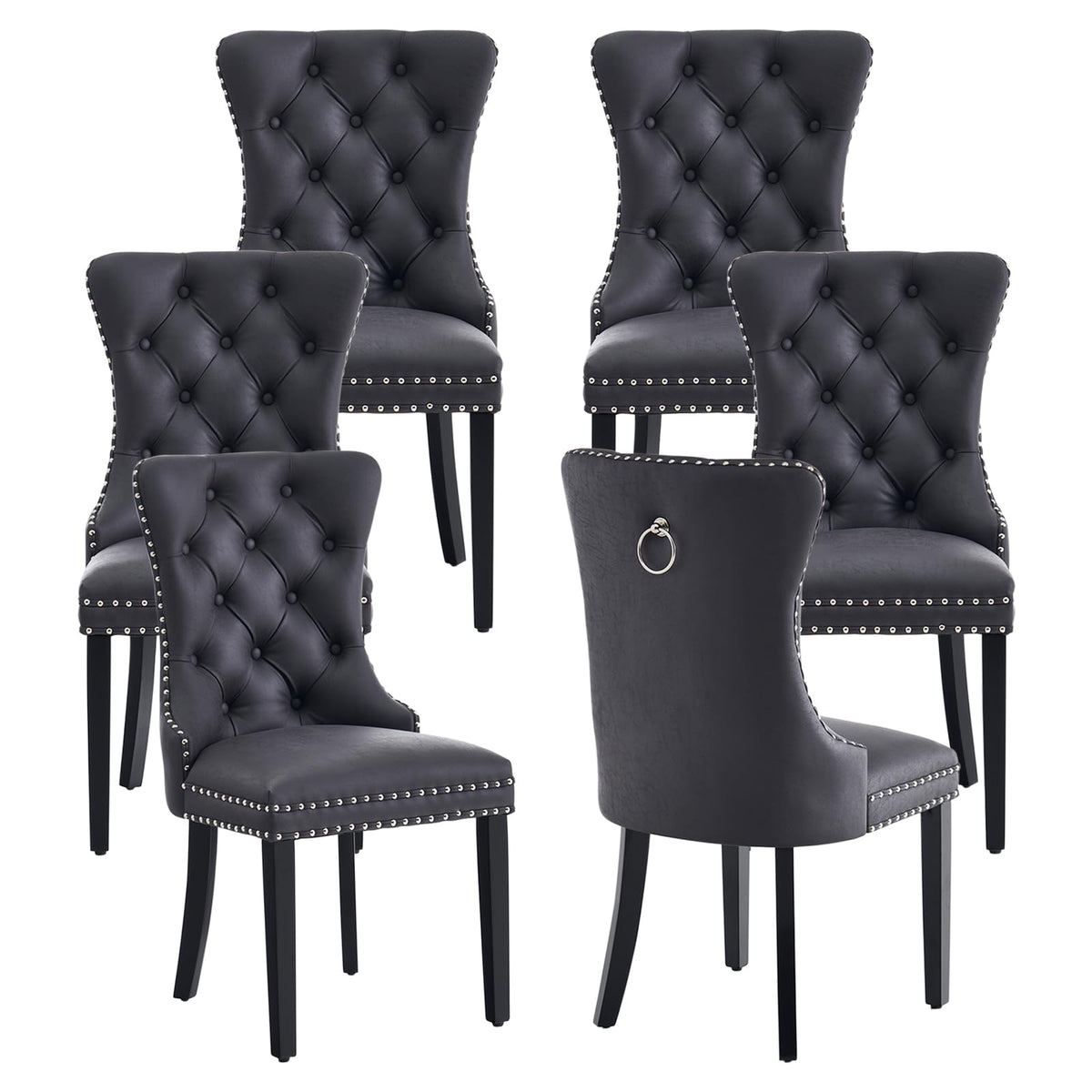 Black PU Leather Dining Chairs Set of 6 with Nailhead Trim and Solid Wood Legs K2256