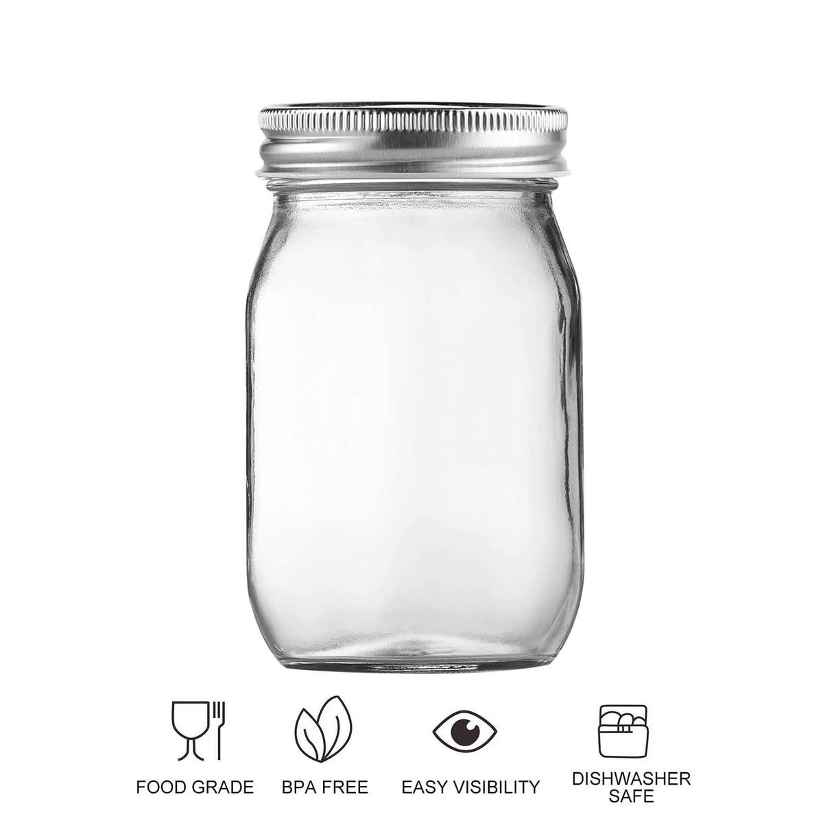 16oz Regular Mouth Glass Mason Jars with Airtight Lids, 4 Pack J784395