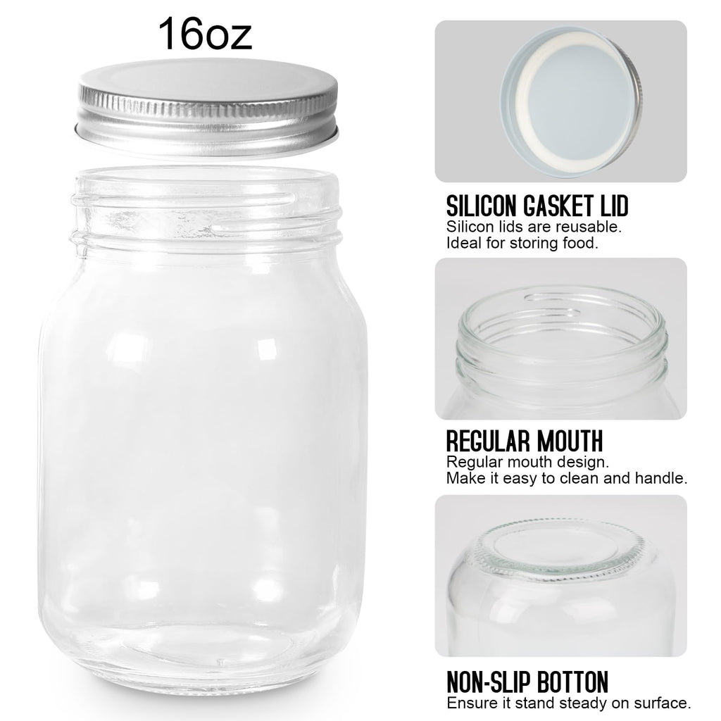 16oz Regular Mouth Glass Mason Jars with Airtight Lids, 4 Pack J784395