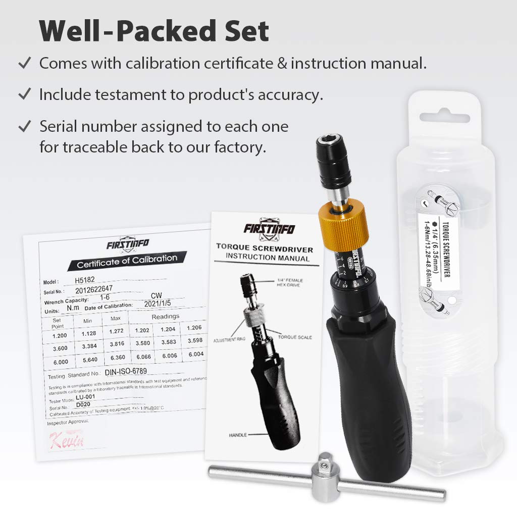 Precision Certified Torque Screwdriver 1-6 Nm with 1/4 Inch Hex Bit Holder I378