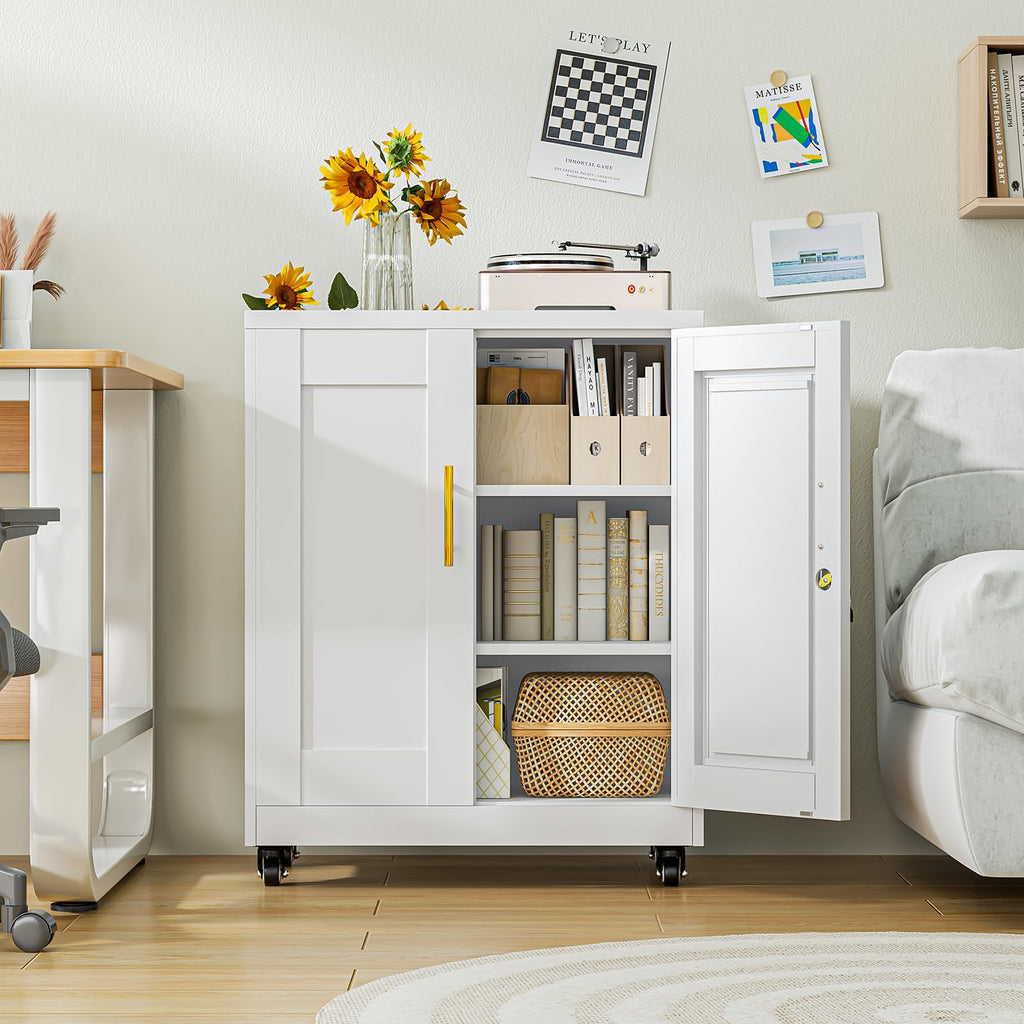 White Metal Storage Cabinet with Wheels H6684