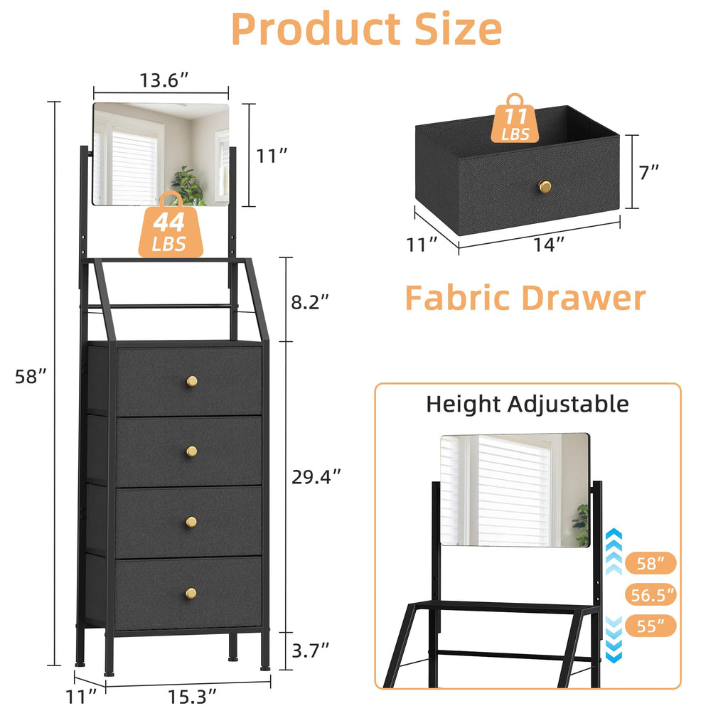 Black 4 Drawer Vanity Dresser with Adjustable Mirror K9265