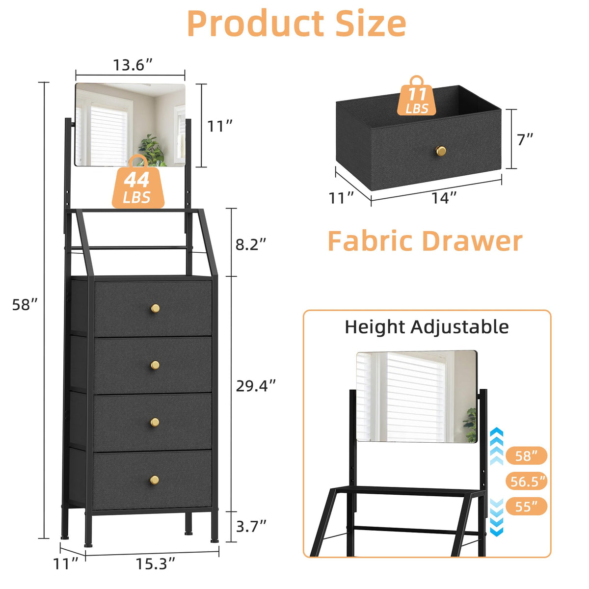 Black 4 Drawer Vanity Dresser with Adjustable Mirror K9265