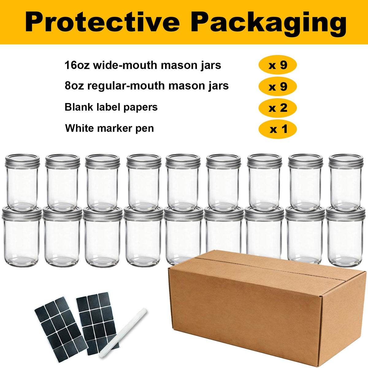 16 oz & 8 oz Clear Glass Mason Jars with Lids, Set of 18 F5714