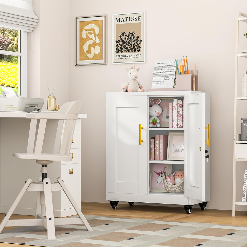 White Metal Storage Cabinet with Wheels H6684