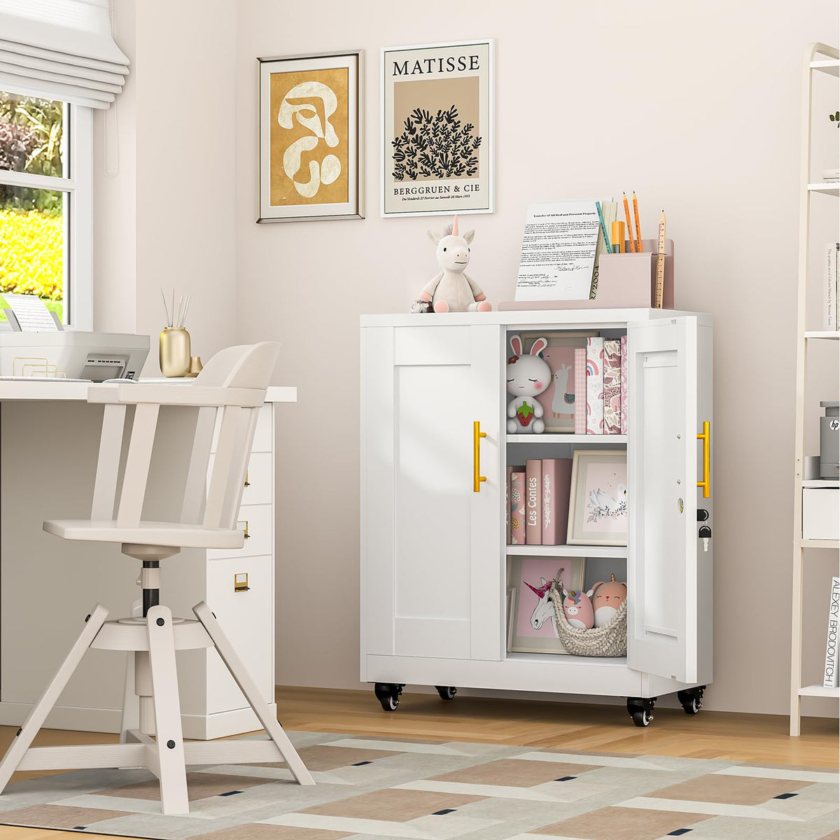 White Metal Storage Cabinet with Wheels H6684