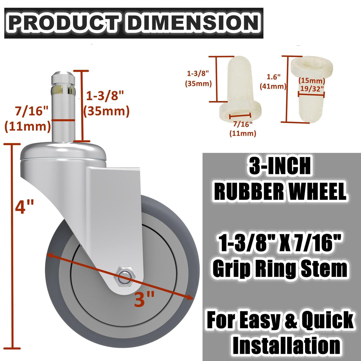 3-Inch Swivel Stem Caster 4 Pack P829