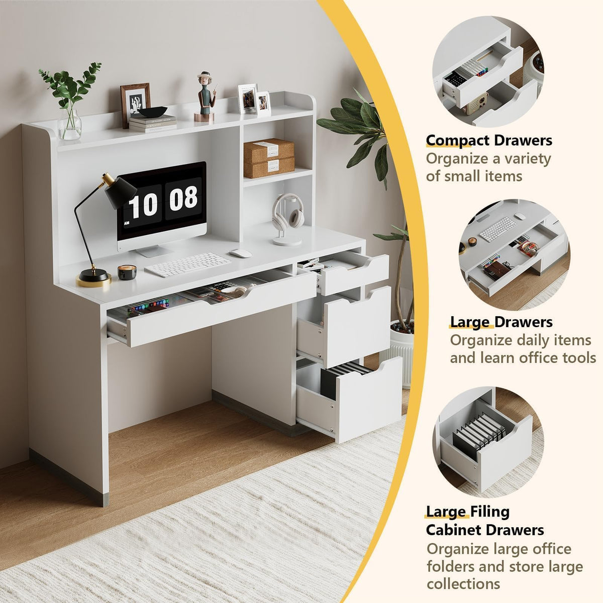 White Desk with Hutch and 4 Drawers N518