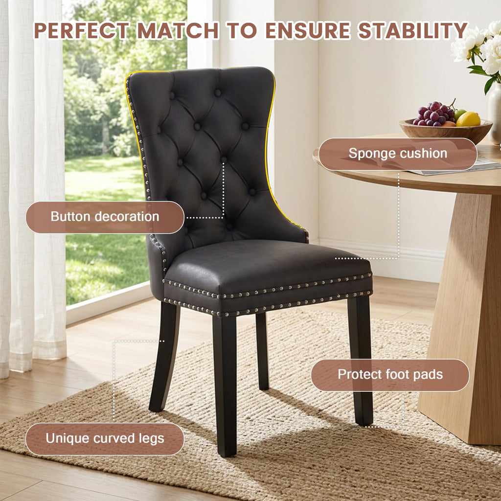 Black PU Leather Dining Chairs Set of 6 with Nailhead Trim and Solid Wood Legs K2256