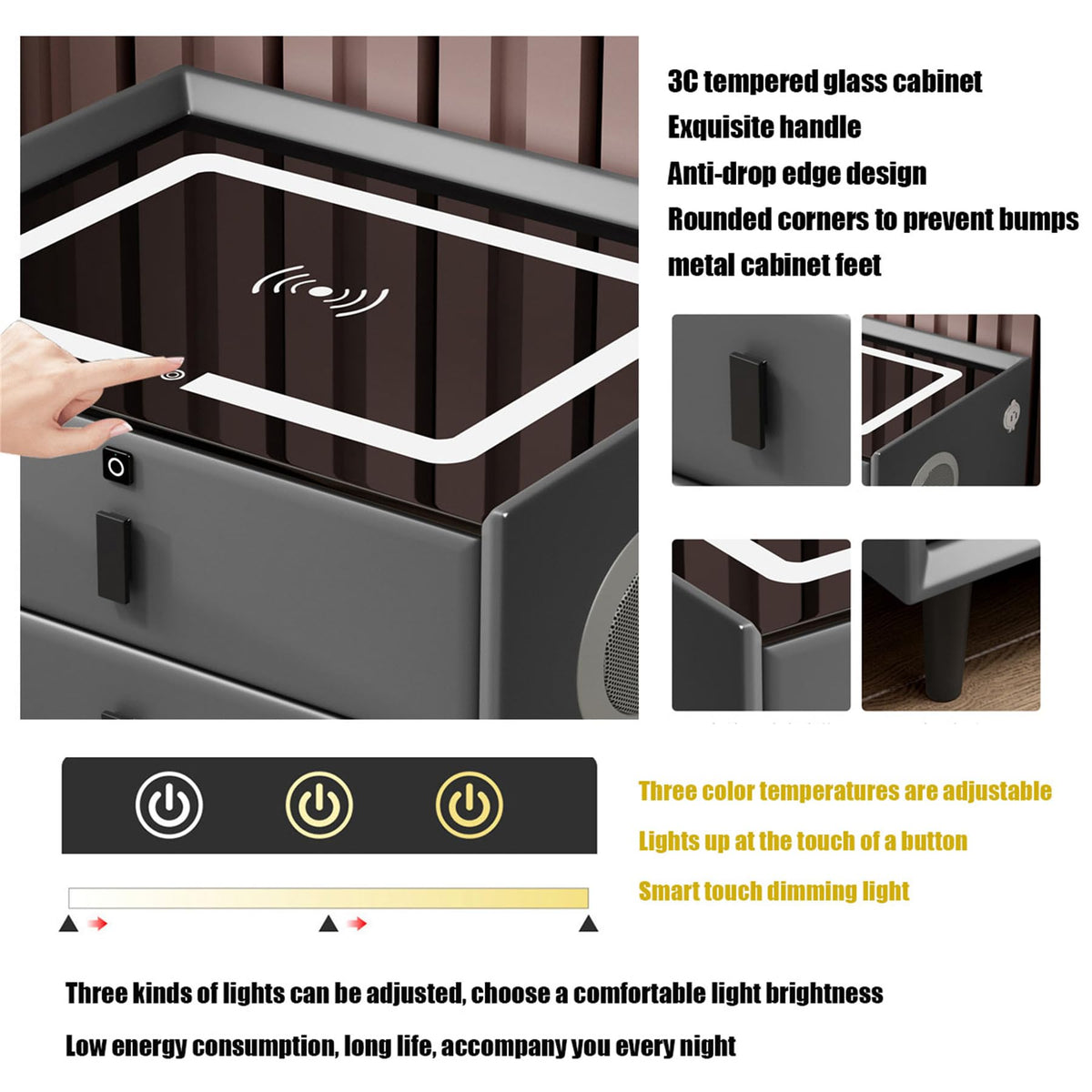 LED Nightstand with Fingerprint Lock, Wireless Charging Station, 2 Speakers, 3 Color LED Light, 2 USB X8716