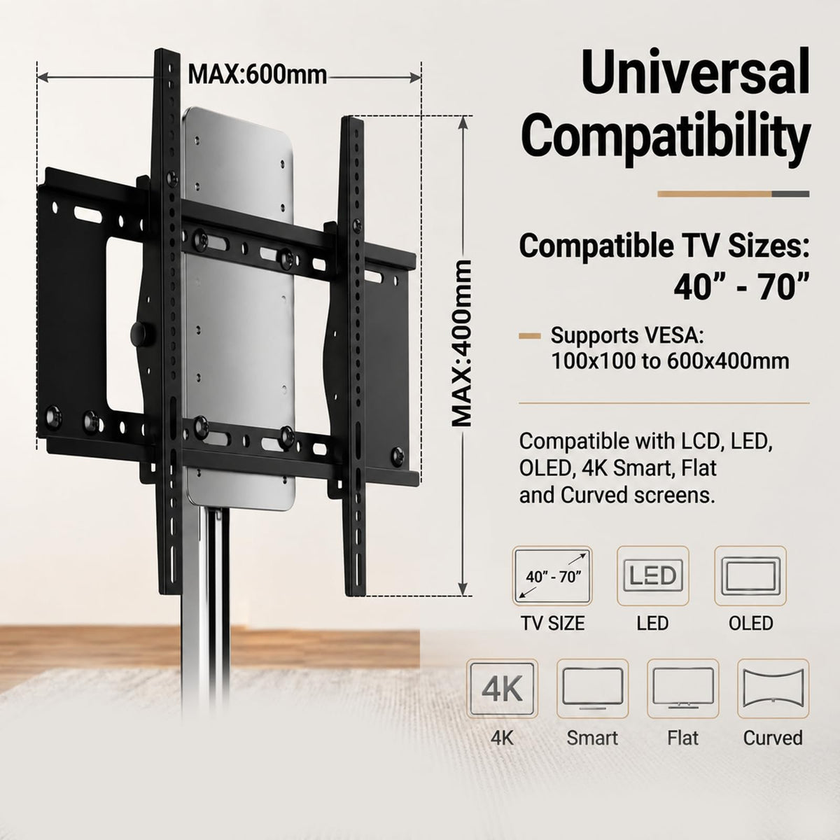 Rolling TV Stand Mount for 40” to 70” TVs up to 88 lbs with Wheels G34354