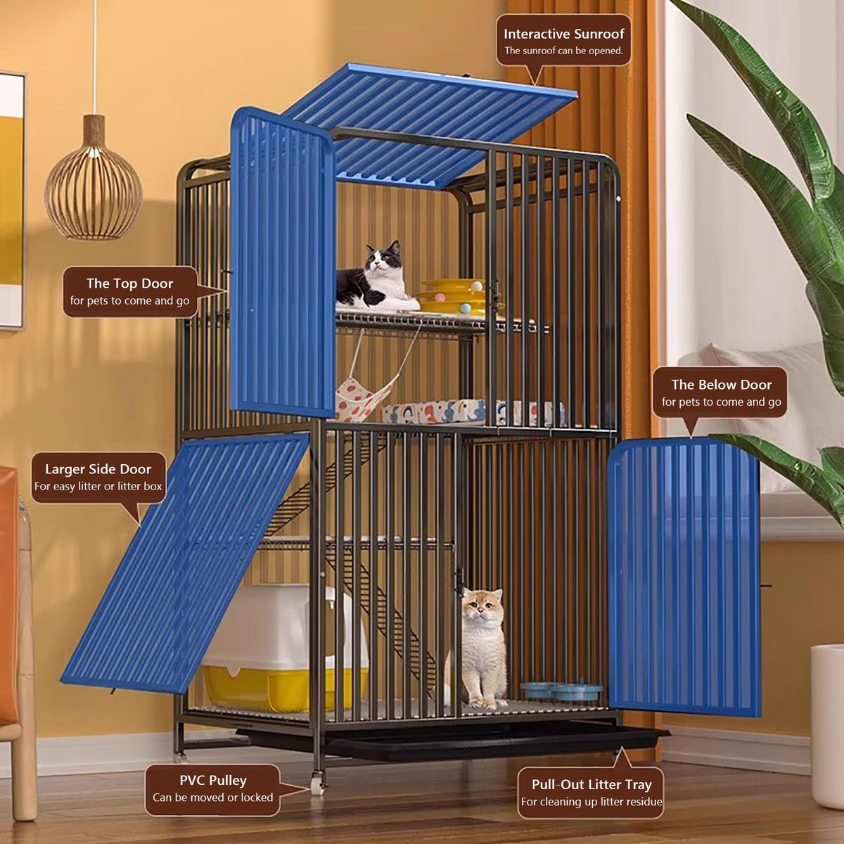 Black Metal Cat Cage with Locking Wheels K972