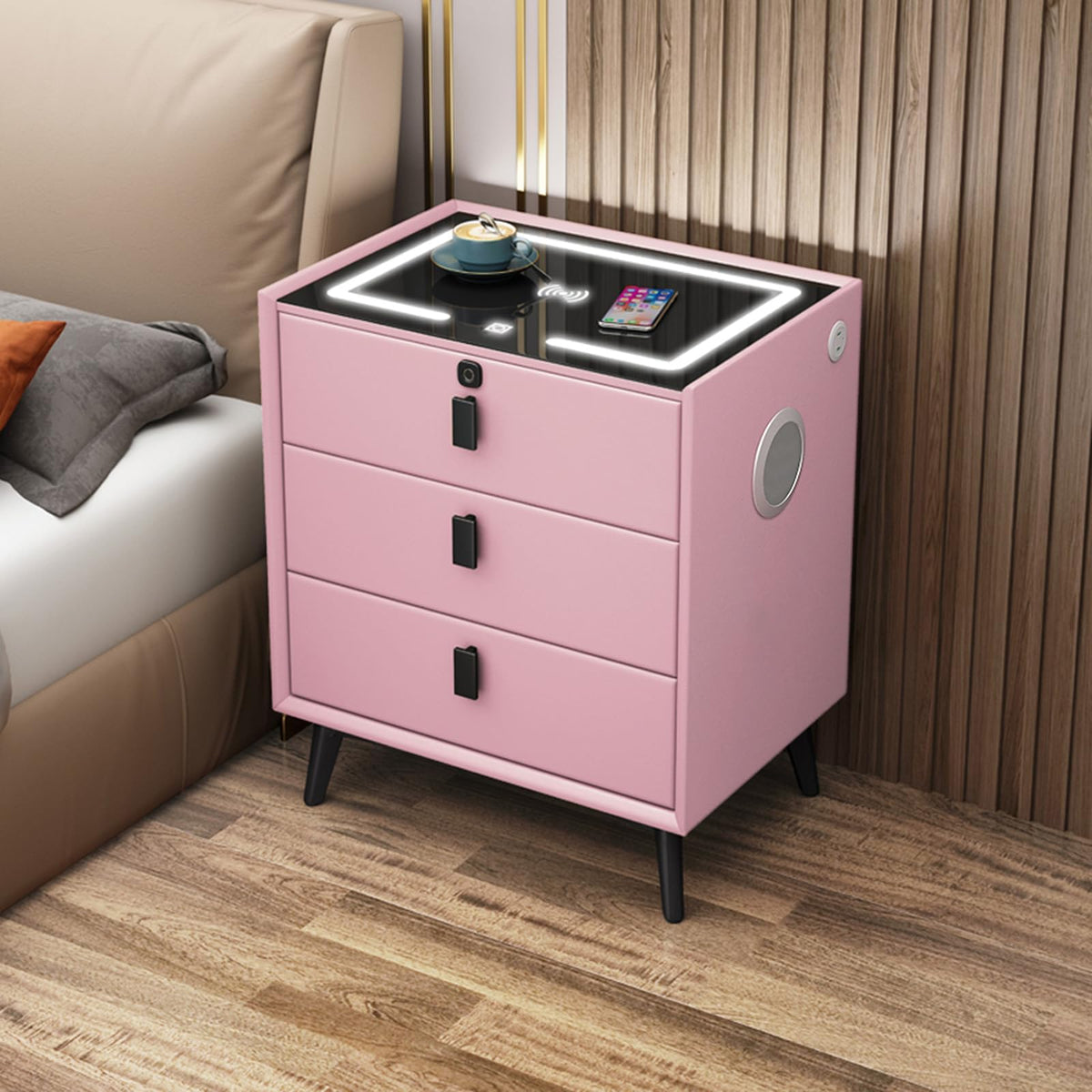 LED Nightstand with Fingerprint Lock, Wireless Charging Station, 2 Speakers, 3 Color LED Light, 2 USB X8716