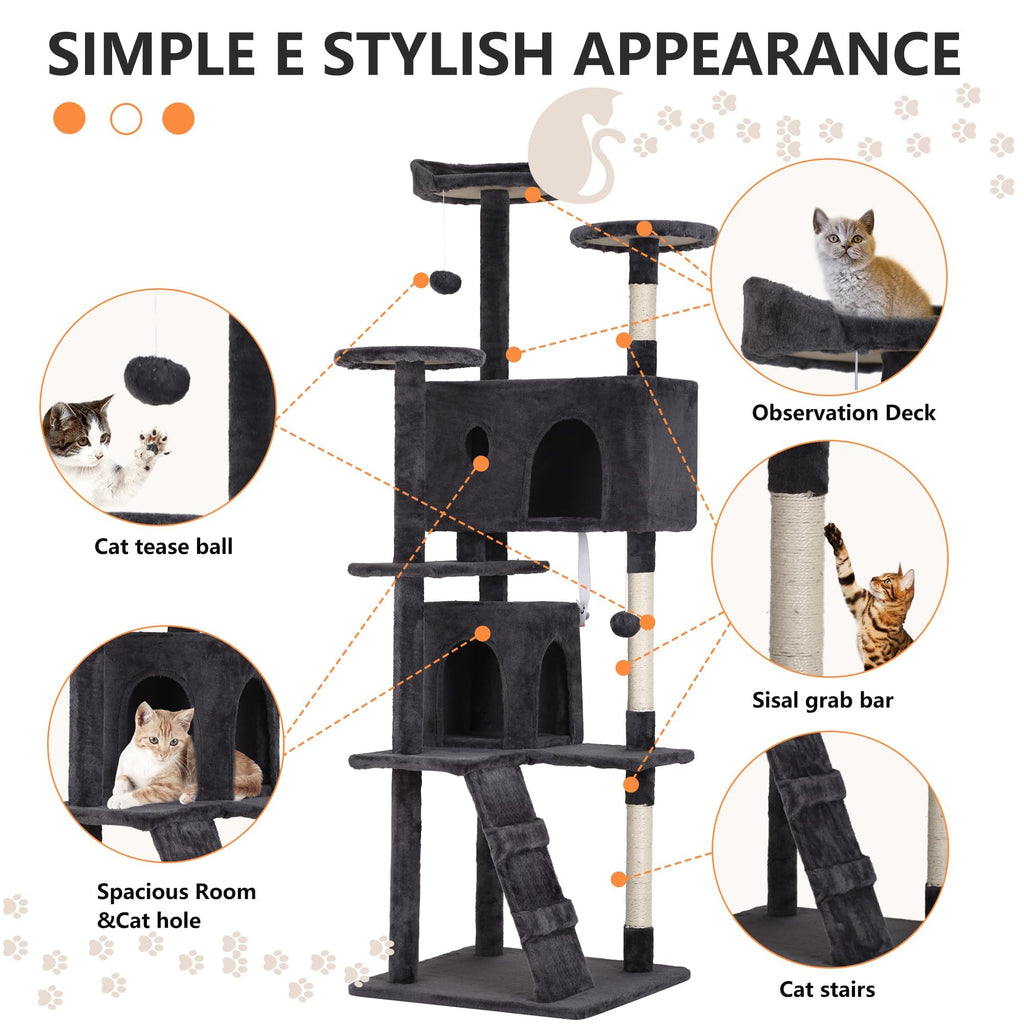 70 Inch Dark Grey Cat Tree Tower with Scratching Post W544031