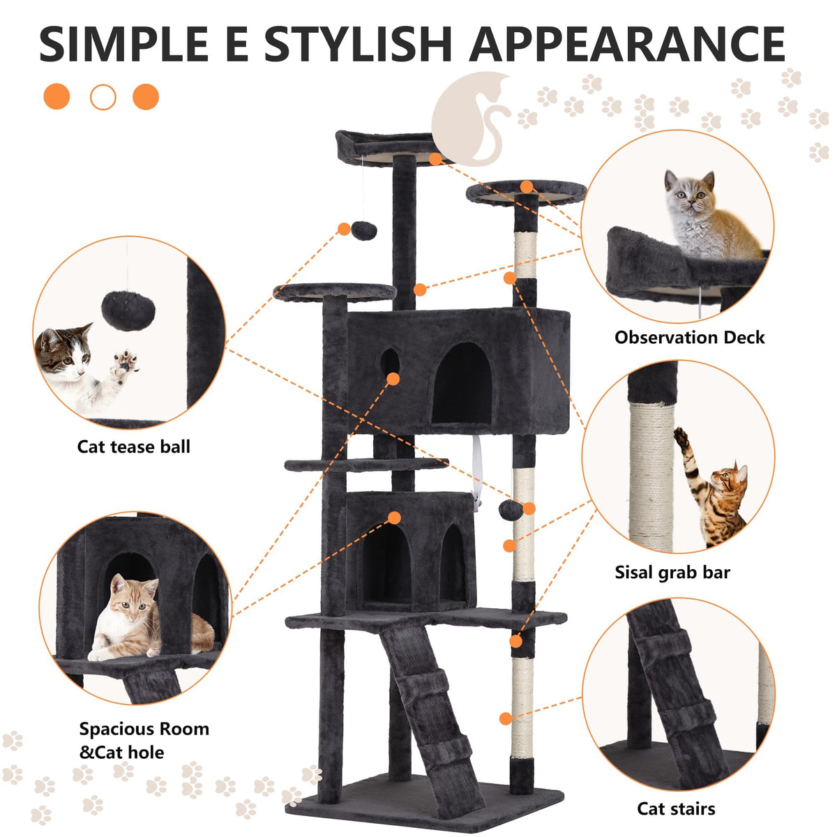 70 Inch Dark Grey Cat Tree Tower with Scratching Post W544031