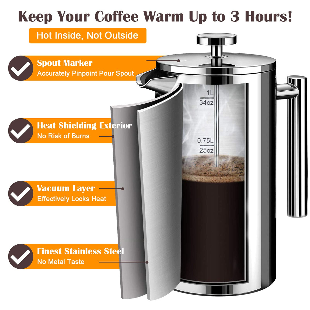 Double Insulated 304 Stainless Steel French Press Coffee Maker 1000ml Q6783