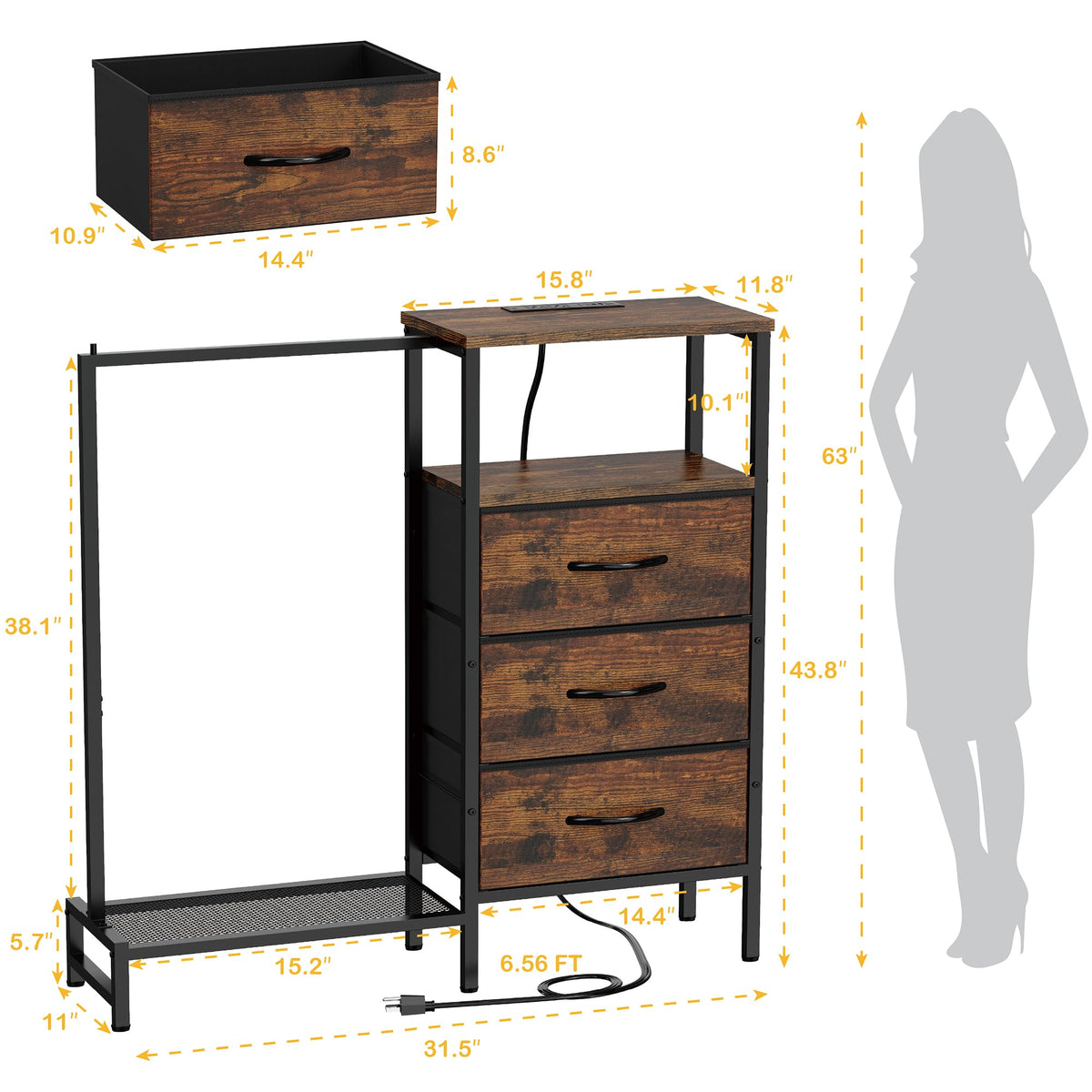 Brown 3 Drawer Fabric Dresser with Hanging Rack G495