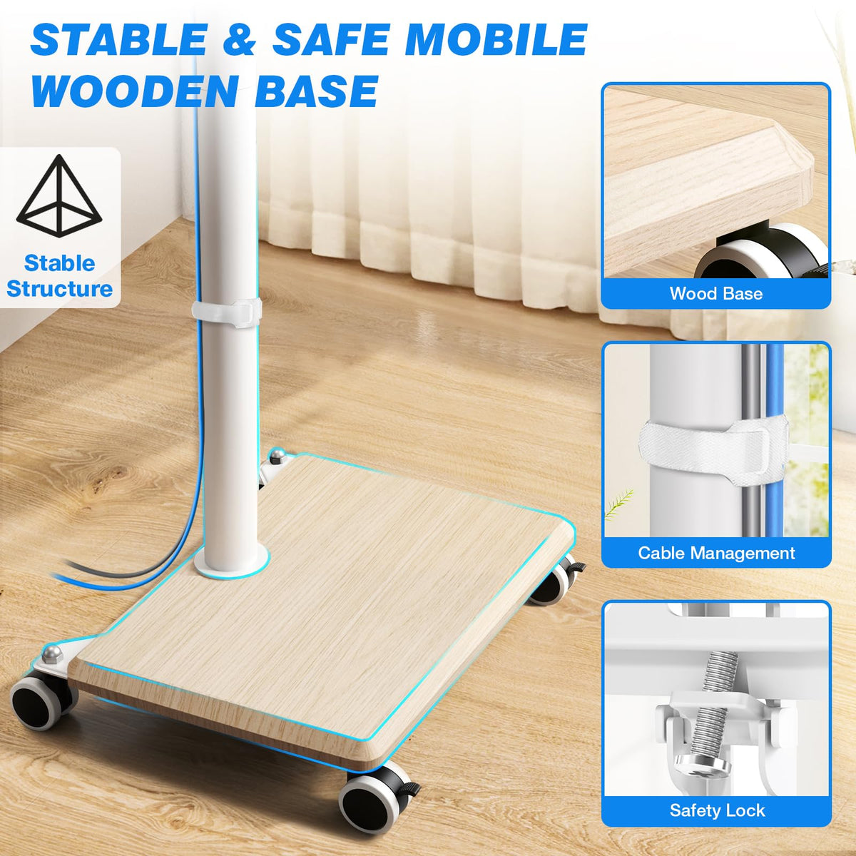 Rolling TV Stand for 32 to 60 Inch TV White Wood Base F68750
