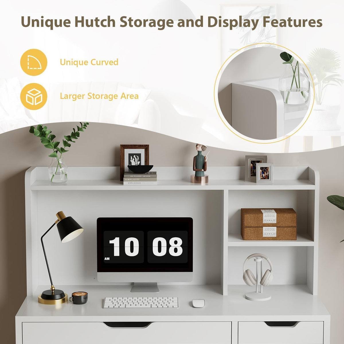 White Desk with Hutch and 4 Drawers N518