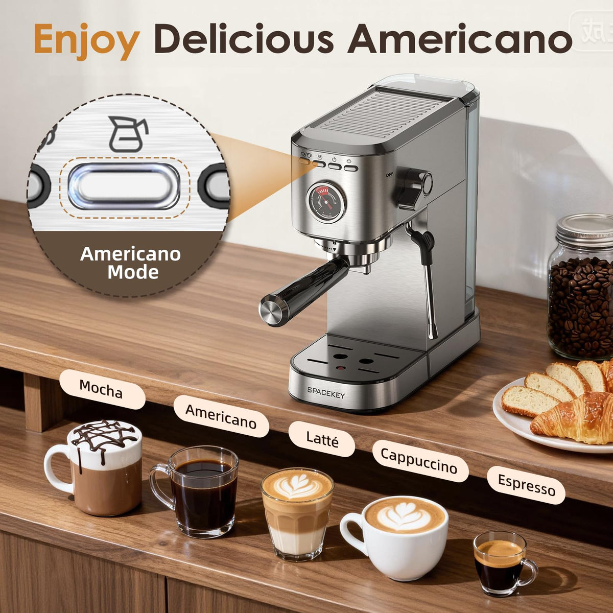 20 Bar Stainless Steel Espresso Machine with Milk Frother W48165