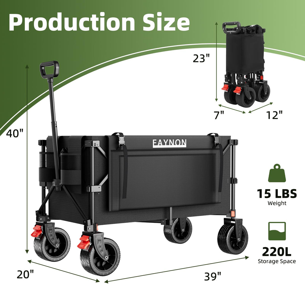 38" Collapsible Extended Wagon, 440lbs Capacity, 220L Heavy Duty Folding Cart, Black P163257