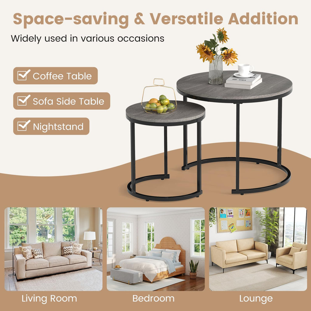 Round Nesting Coffee Table Set of 2 Grey Oak Q30050
