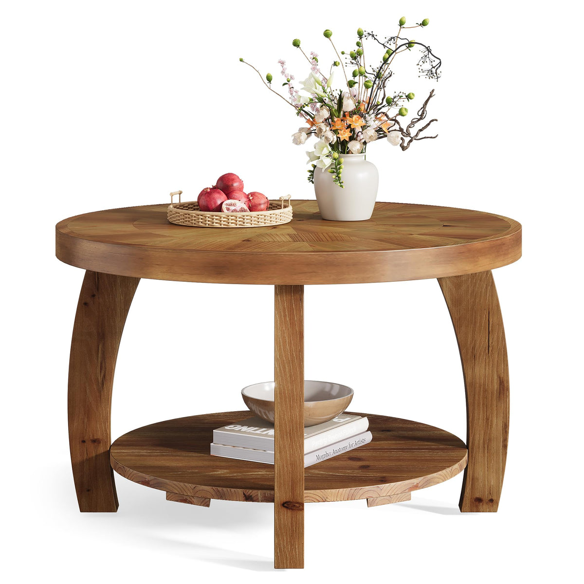 Solid Wood Round 2-Tier Coffee Table with Storage U213