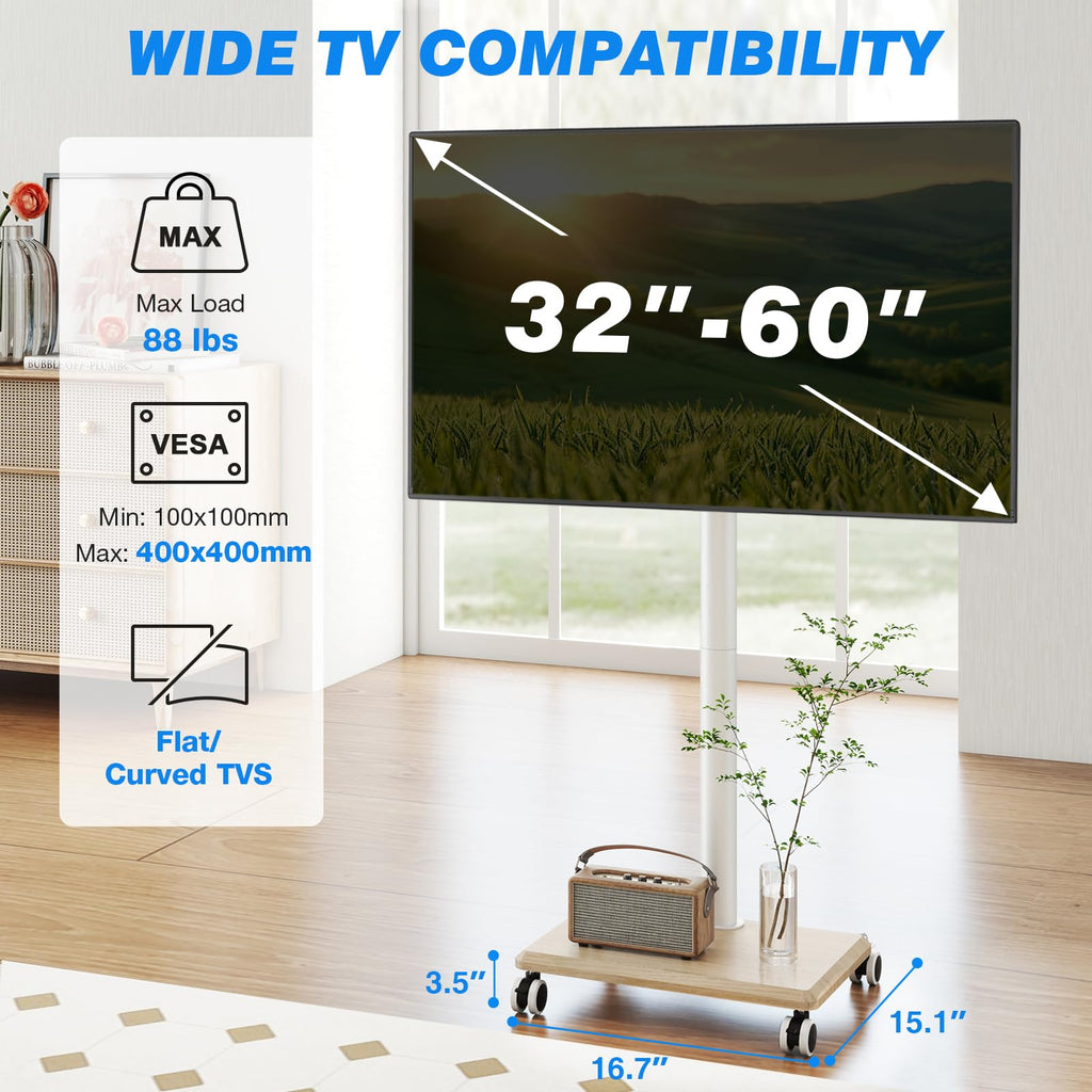 Rolling TV Stand for 32 to 60 Inch TV White Wood Base F68750