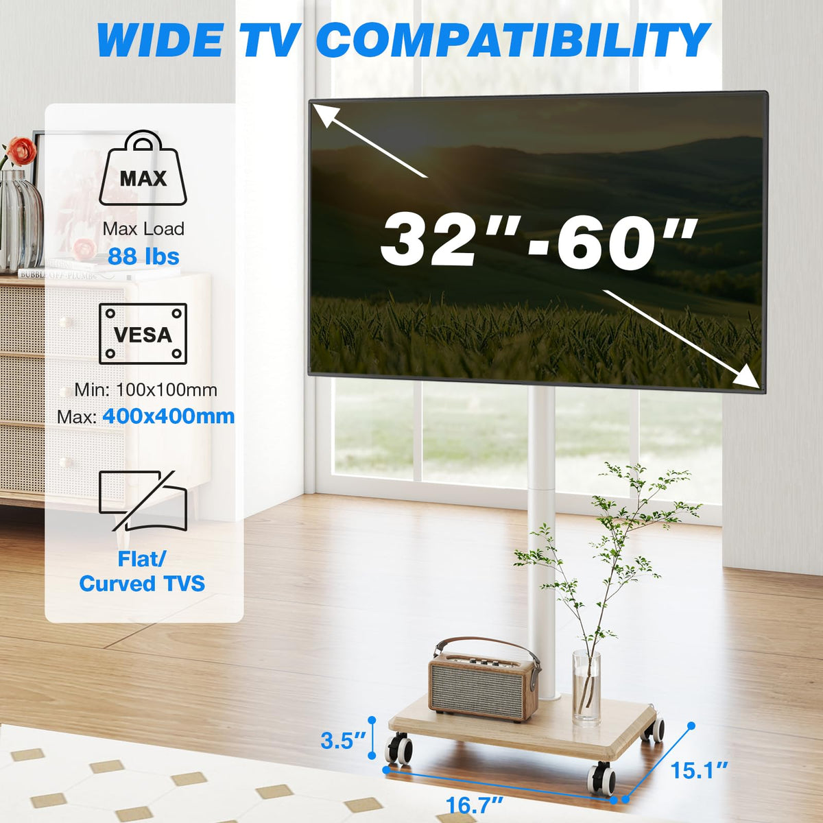 Rolling TV Stand for 32 to 60 Inch TV White Wood Base F68750