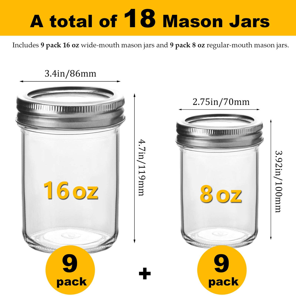 16 oz & 8 oz Clear Glass Mason Jars with Lids, Set of 18 F5714