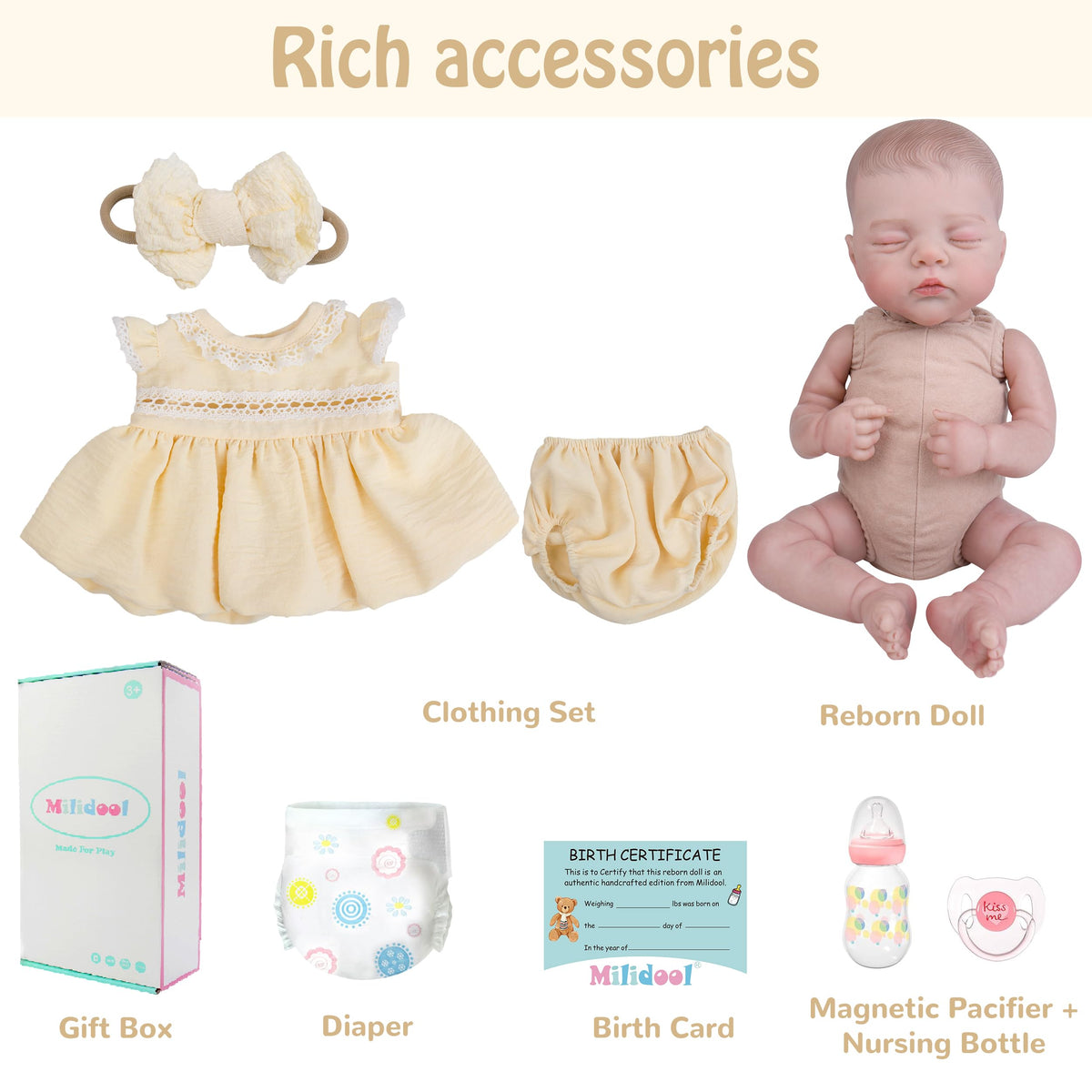 20" Realistic Sleeping Newborn Girl Doll with Weighted Body and Feeding Set B22008