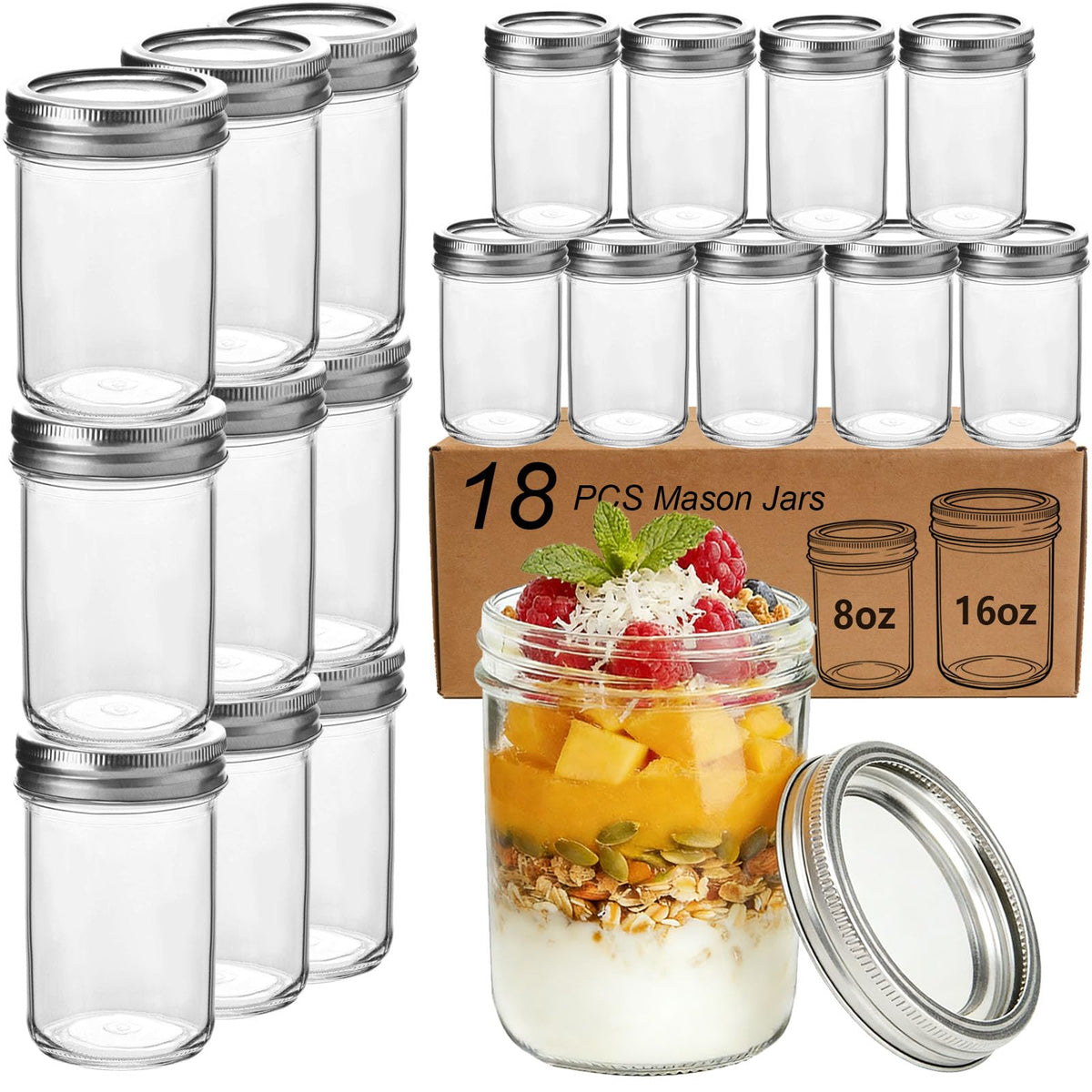 16 oz & 8 oz Clear Glass Mason Jars with Lids, Set of 18 F5714