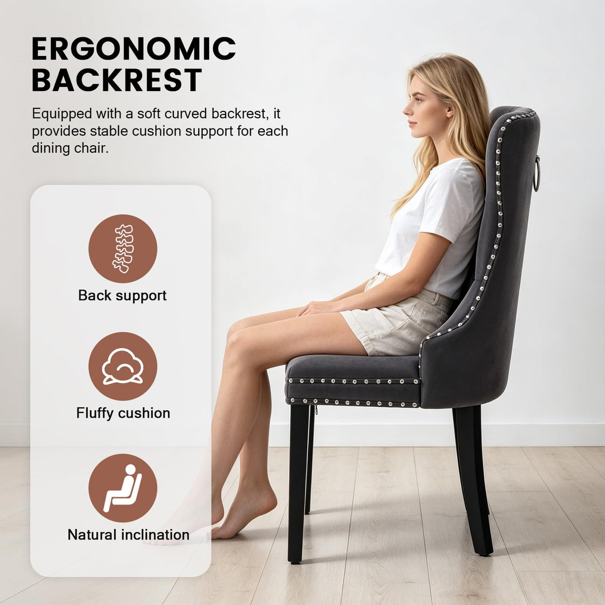 Black PU Leather Dining Chairs Set of 6 with Nailhead Trim and Solid Wood Legs K2256