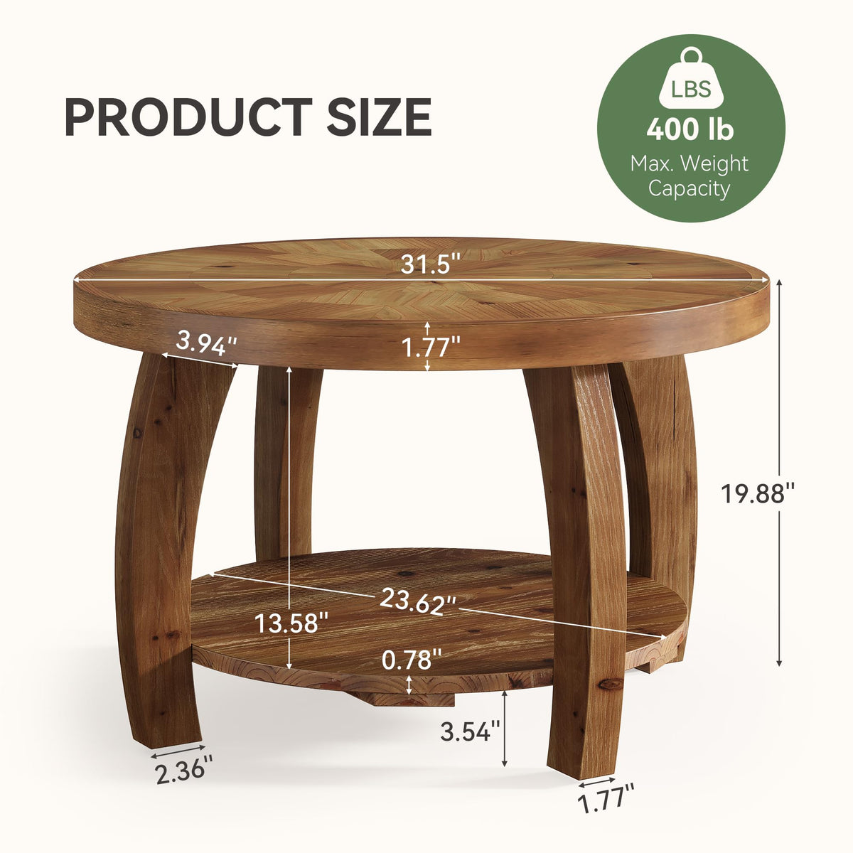 Solid Wood Round 2-Tier Coffee Table with Storage U213