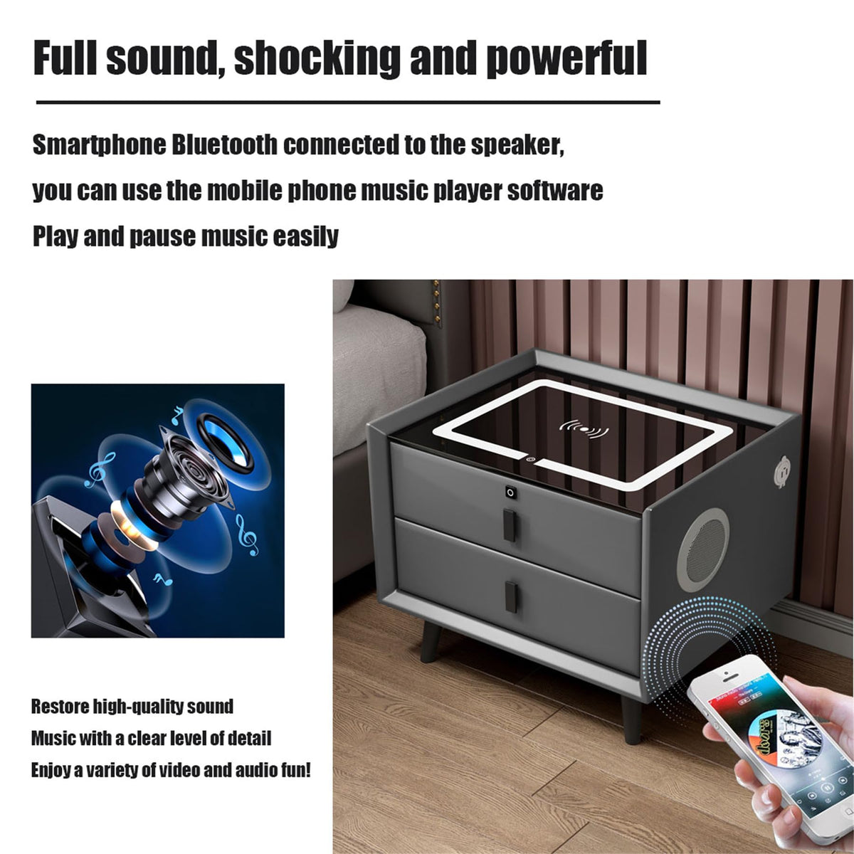 LED Nightstand with Fingerprint Lock, Wireless Charging Station, 2 Speakers, 3 Color LED Light, 2 USB X8716