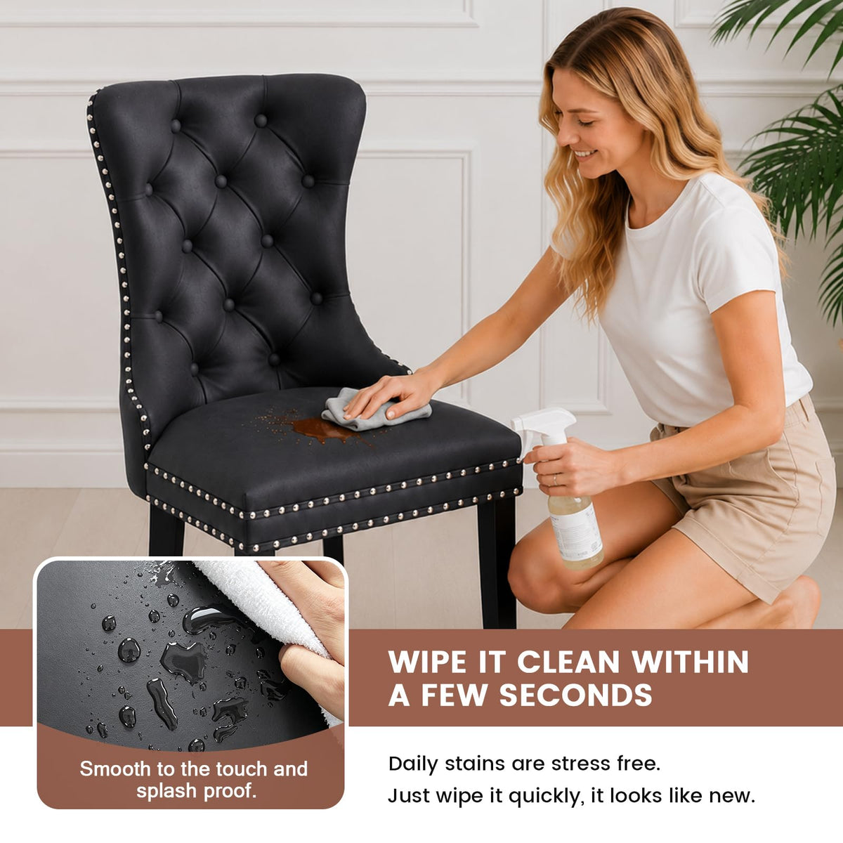 Black PU Leather Dining Chairs Set of 6 with Nailhead Trim and Solid Wood Legs K2256